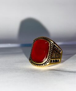 Golden Maroon Stone Stainless Steel Men Ring